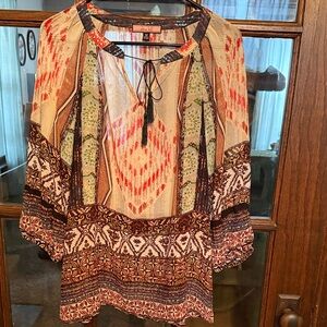 Olive Hill Womens‎ Boho Mixed Ikat Print Tassel Tie V-Neck Blouse Multicolor Med